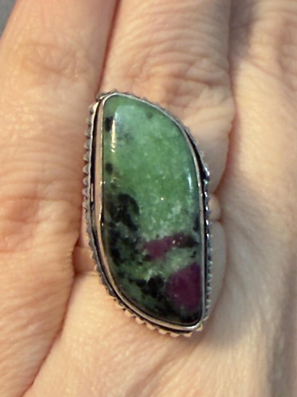 Ruby Zoisite Ring Oval Cabochon Silver Tone Adjustable Statement Ring